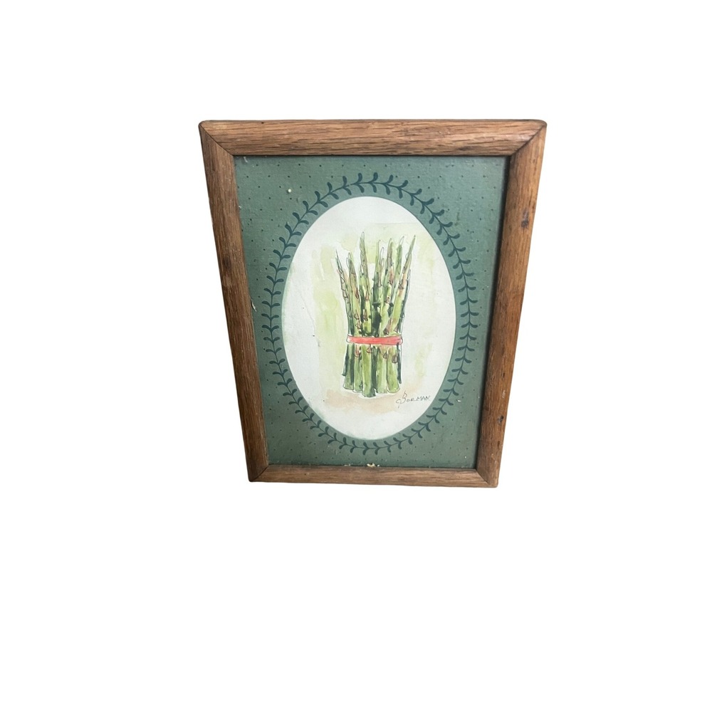 Vintage C Borman Asparagus Watercolor Print Framed Kitchen Wall Art 6x8